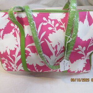 PUTU BY J MACLEAR PINK WHITE FLORAL & GREEN STAPS & LINING BAG~